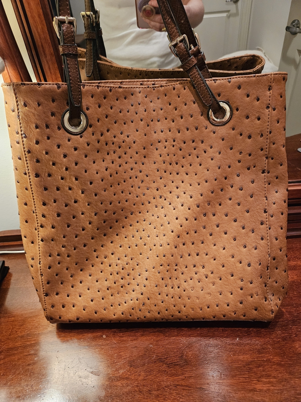 Tan Perforated Ostrich-Embossed Large Tote Bag - Picture 2 of 7